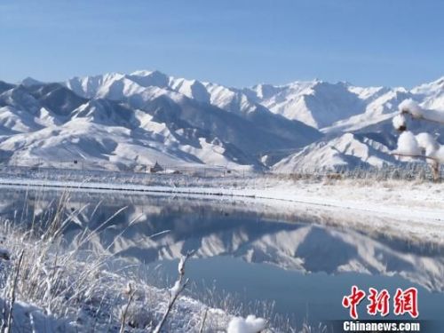 图为祁连山的雪景倒映在水中。　武雪峰 摄