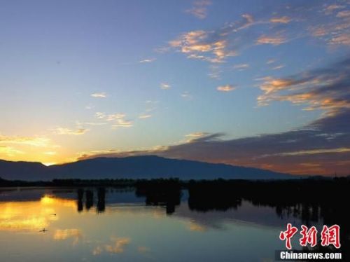 湿地霞光映照，远山含黛，一只野生鸟类在水里游弋。 吴学珍摄