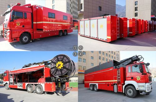 ①通信指挥消防救援作战车;②“六车联保”战勤保障模块(饮食保障车、冷藏车、宿营车、淋浴车、被服洗涤车、移动盥洗车);③泵浦消防车;④水带敷设消防车。人民网记者 米媛摄