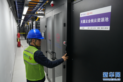 工作人员在中国电信庆阳算力中心机房内巡检。新华网发（于洁 摄）
